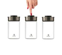 BURI Juego de 3 tarros de cristal de 1300 ml, con tapa de acero inoxidable y mecanismo de clic al vacío, herméticos, apilables, aptos para lavavajillas, a prueba de fugas