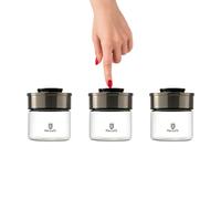 BURI Juego de 3 tarros de cristal de 450 ml, con tapa de acero inoxidable y mecanismo de clic al vacío, herméticos, a prueba de polillas, apilables, aptos para lavavajillas