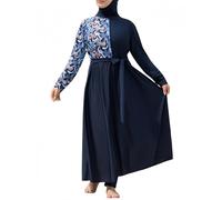 Burkini Discreto de 3 Piezas para Mujeres Musulmanas de Tallas Grandes Vestido de baño Largo de Manga Larga con Estampado Floral en Paneles Traje de baño islámico con hiyab