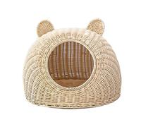 BURLOE Cama De Mimbre De Mimbre para Gatos Domésticos, Linda Oreja De Gato Cueva De Cama Semicerrada para Gatos Tejida A Mano Ratán De La Casa del Gato,Beige,29cm
