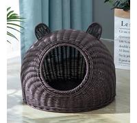 BURLOE Cama De Mimbre De Mimbre para Gatos Domésticos, Linda Oreja De Gato Cueva De Cama Semicerrada para Gatos Tejida A Mano Ratán De La Casa del Gato,Marrón,22cm