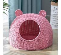 BURLOE Cama De Mimbre De Mimbre para Gatos Domésticos, Linda Oreja De Gato Cueva De Cama Semicerrada para Gatos Tejida A Mano Ratán De La Casa del Gato,Rosado,22cm