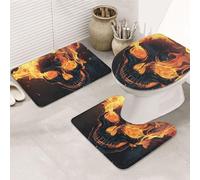 Burn The Skull - Juego de 3 alfombras de baño con estampado de calavera, alfombrilla de baño + alfombrilla de contorno + funda para asiento de inodoro, lavable a máquina, alfombrilla de baño de