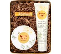 Burts Bees - Set de regalo para mamá y abejas con lata, 3 productos para el cuidado de la piel para piernas y pies, mantequilla de vientre y bálsamo de labios original de cera de abejas