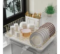 Buruis Escurridor de Platos, Organizador de escurridor de Platos Dorado Incluye Tabla de Drenaje extraíble y Soporte para Utensilios, estantes de Metal de Gran Capacidad para Cocina (Blanco)