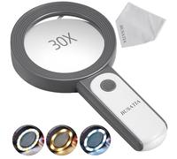 BUSATIA Lupa con 18 Luces LED, 30 Lupa de Mano con 3 Modos de iluminación, Lupa para Leer con Alta claridad, Lente Doble de Cristal para Personas Mayores, joyeros, Manualidades, Libros, con paño para