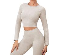 Buscando conjuntos de gimnasio para mujer de 2 piezas, camiseta corta de manga larga con costuras, camiseta de tirantes acanalada, leggings de cintura alta sin costuras, trajes deportivos para yoga, S