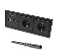 Busch Jäger - Juego de 2 enchufes de 2 orificios, frecuencia 5-2400 MHz, compatibilidad con radio/TV/SAT, incluye marco futuro lineal negro mate + 2 enchufes 20EUC-885 + comprobador de fase EBROM para