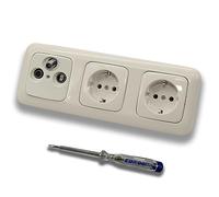 Busch Jäger - Juego de 3 enchufes empotrados (47 - 2150 MHz, compatible con radio/TV/SAT, marco triple DURO2000, 2 enchufes 20 EUC-212, comprobador de fase EBROM para montaje de aparatos)