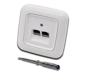 Busch Jäger, Rutenbeck - Enchufe de red Ethernet 10 Gigabit/S (10GbE) KAT6A 6A - 2 conectores RJ45 en marco blanco alpino ReflexSi y cubierta UAE, incluye comprobador de fase EBROM para montar el