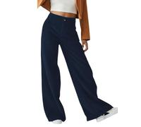 Business Casual Pants For Women High Waisted Corduroy Straight Leg Trousers (Blue,XL)