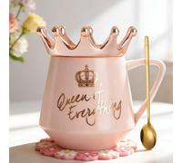 Busnos Taza Queen of Everything rosa 350ml con tapa y cuchara Regalo divertido para mujer