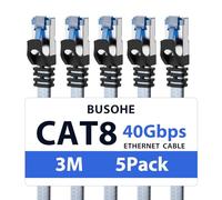 BUSOHE Cat 8 Cable Ethernet 3m (5 PCS), Alta Velocidad 40Gbps 2000MHz