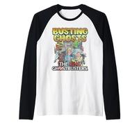Busting Ghosts Cast Action Scene Classic 80's Cartoon Camiseta Manga Raglan