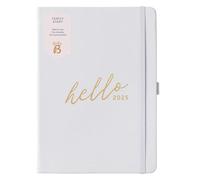 Busy B - Agenda familiar A5 2025 - Planificador semanal con 5 horarios, tapa de piel sintética de color lavanda adornada con detalles en lámina de oro