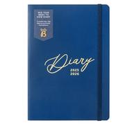 Busy B Agenda semanal A5, planificador académico de mitad de año, agosto de 25 a agosto de 26, portada de diario azul marino, diseño semanal frente a una página de notas, objetivos, gastos, lazo para