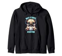 But First Coffee Lover Cafeine Cute Cartoon Dog Pug Sudadera con Capucha