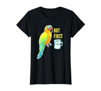 But First Coffee - Sleepy Sun Conure Parrot Acuarela Camiseta gráfica económica, Mujer, Negro, S
