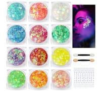 BUTBU Lentejuelas fluorescentes, 12 colores de gel con purpurina para cuerpo, purpurina fluorescente, gel de maquillaje para cuerpo, labios, maquillaje, máscara, Halloween, Navidad, fiestas musicales