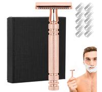 BUTBU Maquinilla de Afeitar Hombre, Maquinilla de Afeitar Doble Filo para Hombre y Mujer con 10 Cuchillas, Afeitado Clásico Manual, Safety Razor Kit de Acero Inoxidable para Todo Tipo Pieles, Oro Rosa
