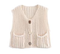 Butter Yellow Clothes, Chunky Sweater Vest Women Button Up, Knit Sweater Vest Tops Big Gold Buttons, Crochet Sleeveless Sweater, Crop Knit Cardigan (#6,M)