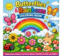 Butterflies & Rainbows Coloring Book for Kids and Adults:: Bold and Easy Flowers and Cute Nature Animals for Relaxation and Fun