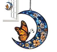 Butterfly and Floral Moon Sun Catcher, Crescent Moon Floral colgante, Translucent Sun Catcher with Hook, Artistic Flower Colging, Elegant Wall Art with Vivid Design, Decoración interior