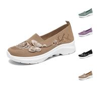 Butterfly Embroidered Orthopedic Shoes for Women Wide Width Slip On Walking Shoes Arch Support Breathable Mesh Sneakers Comfort Loafers Non Slip (Khaki,40)