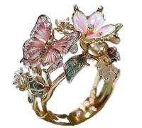Butterfly Flower Ring,Enamel Butterfly Flower Ring,Size Can Be Changed at Will,Women's Fashion Shiny Flowers Butterflys Rings (Gold-A)