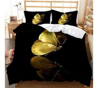 Butterfly King Queen Size Juegos de Cama para Mujer Mariposa Dorada Funda nórdica Negra Mariposas de Flores Funda de edredón de poliéster 150x200cm*1/70x70cm*2