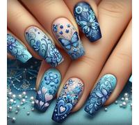 Butterfly Press On Nails Heart French Tip False Coffin Stick On With Designs Full Covers Decors 24Pcs Women Nail Art