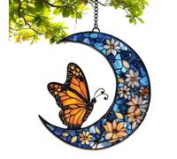 Butterfly Suncatcher - Monarch Floral Moon Ornament, Vibrant Acrylic Stained Glass Art with Sturdy Hanging Chain, Radiant Window Light Reflector, Ideal for Home Garden Patio