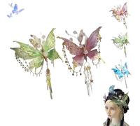 Butterfly Tears Tassel Hair Clip, Large Fairy Wing Hair Clips, Butterfly & Beaded Design Hairs Claws, for Party Cosplay Photos Shoot (Green+Pink)