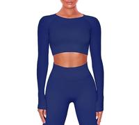 Buttergene, Conjunto de entrenamiento para mujer, 2 piezas de top corto con manga larga y mallas de cintura alta, sin costuras, diseño acanalado para yoga o gimnasio, S