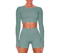 Buttergene Conjuntos de entrenamiento para mujer, 2 piezas, de manga larga, para yoga, ropa de gimnasio, sin costuras, acanalada, leggings de cintura alta, Shorts-verde salvia, S