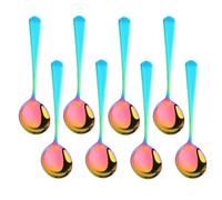 Buyer Star Juego de 8 cucharas de cereales de caldo reutilizables de acero inoxidable para cena, cuchara redonda, color arco iris, cubiertos de camping, apto para lavavajillas