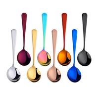 Buyer Star Juego de 8 cucharas de cereales de caldo reutilizables de acero inoxidable para cena, cuchara redonda, color arco iris, cubiertos de camping, apto para lavavajillas