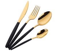 Buyer Star Juego de cubiertos de oro con mango negro de acero inoxidable cubiertos Set vajilla 16 piezas oro negro vajilla
