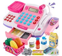 BUYGER Grande Caja Registradora de Juguete para Niños con Balanza Comida, Micrófono y Escáner, Juego de Supermercado Realista con Luces y Sonidos, Regalo para Niños Niñas 3 4 5 Años