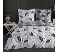 Buymax Juego de ropa de cama de algodón de 200 x 220 cm, 3 piezas, con funda nórdica edredón y fundas de almohada de 80 x 80 cm, reversible, diseño floral, color gris, blanco y negro