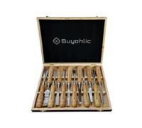 Buyohlic Juego de 12 herramientas para tallar madera con caja de madera afilada CR-V 60 cuchillas de acero