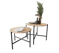 Buyqualia Juego de 2 Mesas Auxiliares Redondas Estilo Industrial | Melamina Color Safir y Patas de Acero Negro | Ø40x50 cm y Ø50x65 cm
