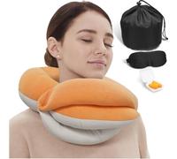 BUYUE Almohadas de cuello de viaje para aviones, soporte de cabeza de 360° para el sueño para vuelos largos, agradables al tacto y transpirables, kit con máscara contorneada 3D, tapones para los oídos