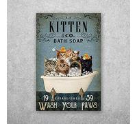 Buywell Cartel de metal para gatos en bañera Kitten Co. Jabón de baño Lava tus patas Decoración de gato Póster Decoración de arte de pared Cartel de metal Cartel de lata 8 x 12 pulgadas