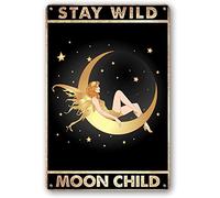 Buywell Cartel de metal vintage para pared, con texto en inglés "Stay Wild Moon", letrero de metal novedoso, letrero de estaño de metal, cartel de pared de 8 x 12 pulgadas