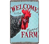Buywell Placa de metal con texto en inglés "Welcome to The Funny Farm Country Cottage Chicken Coop", cartel de metal vintage para bar, club de música, decoración de pared para habitación de hombre