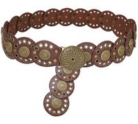 Buywis Cinturón ancho de disco para mujer, cinturón de cuero occidental, cinturón bohemio para vestido, Correa marrón con hebilla dorada retro, Length 51"：Fit Waist Size Below 49"