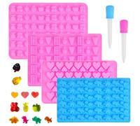 BUZIFU 4 Piezas Moldes para Gominolas Moldes de Silicona para Caramelos y Chocolates Molde de Silicona en Forma de Corazón/Helado/Frutas y Dinosaurios con 2 Cuentagotas para Bombones y Chuches