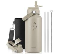 BUZIO Botella de agua aislada de 32 onzas, termo de acero inoxidable a prueba de fugas (fría durante 48 horas), boca ancha, sin BPA, con 2 tapas, color gris