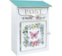 Buzón de pared vintage para uso al aire libre, patrón de mariposa, estilo antiguo, decoración blanca para el hogar y el jardín, 12 x 9 x 5 pulgadas